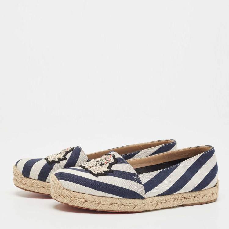 Pre Owned Christian Louboutin Blue/White Striped Canvas Galia Espadrille Flats Size 36