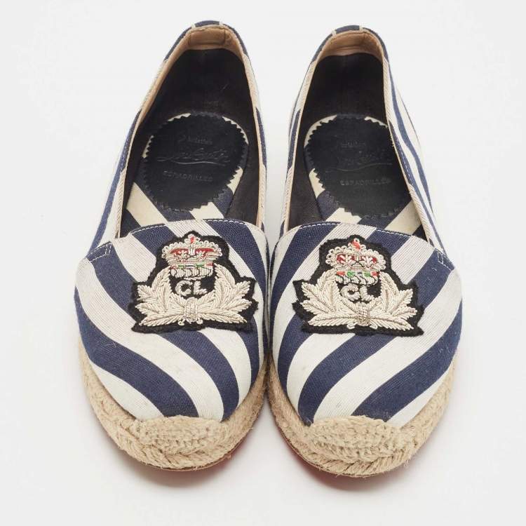 Pre Owned Christian Louboutin Blue/White Striped Canvas Galia Espadrille Flats Size 36