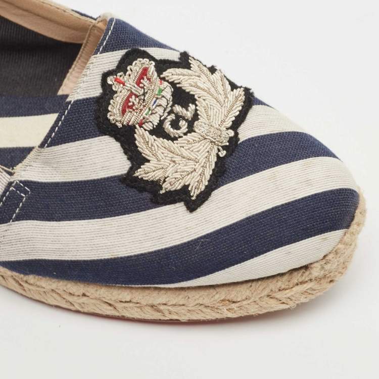 Pre Owned Christian Louboutin Blue/White Striped Canvas Galia Espadrille Flats Size 36