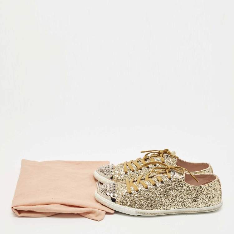 Pre Owned Miu Miu Metallic Gold Glitter Studded Cap Toe Lace Up Sneakers Size 38