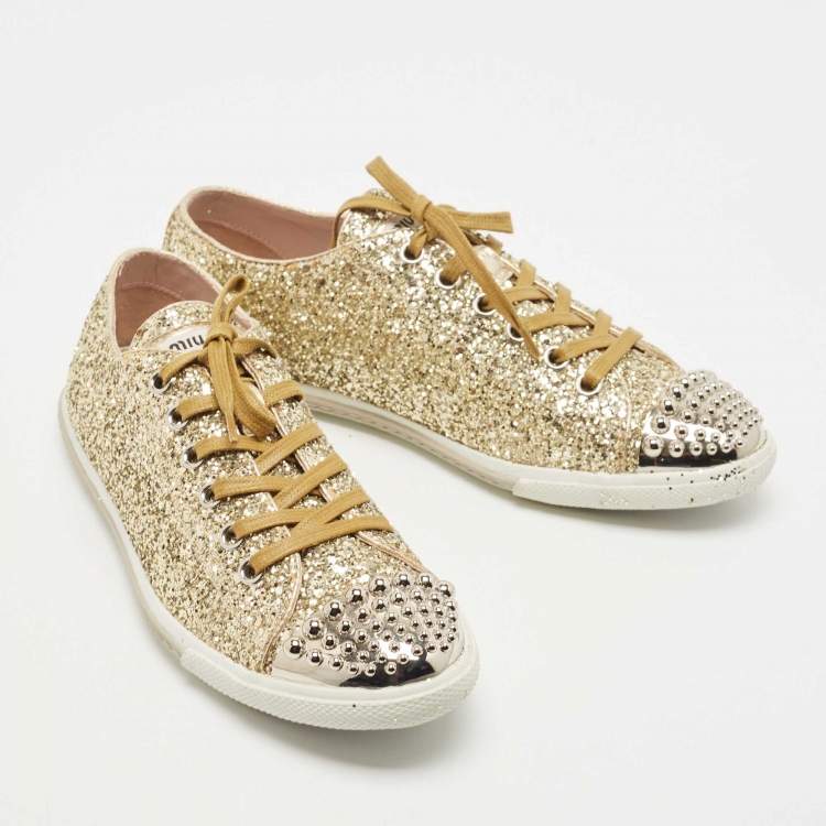 Pre Owned Miu Miu Metallic Gold Glitter Studded Cap Toe Lace Up Sneakers Size 38