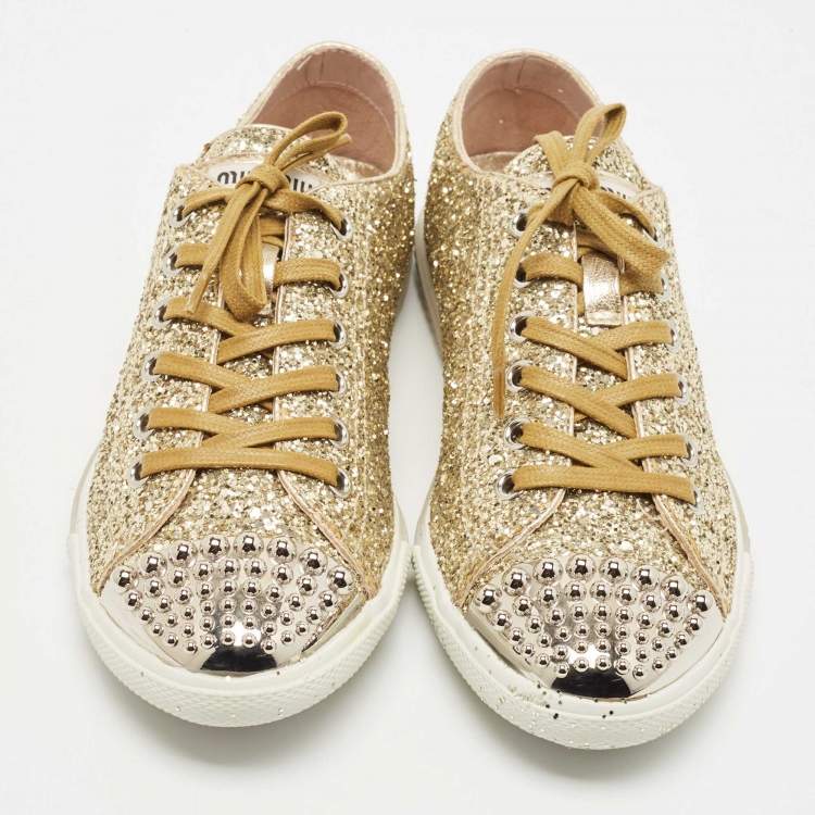 Pre Owned Miu Miu Metallic Gold Glitter Studded Cap Toe Lace Up Sneakers Size 38