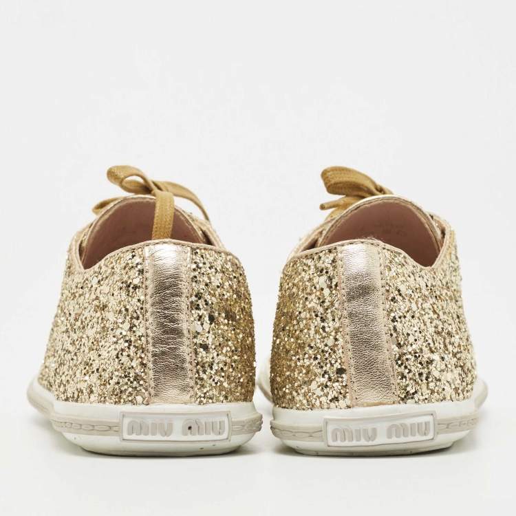 Pre Owned Miu Miu Metallic Gold Glitter Studded Cap Toe Lace Up Sneakers Size 38