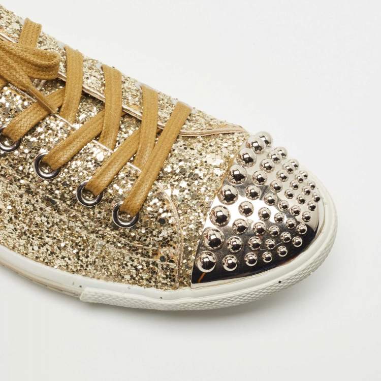 Pre Owned Miu Miu Metallic Gold Glitter Studded Cap Toe Lace Up Sneakers Size 38