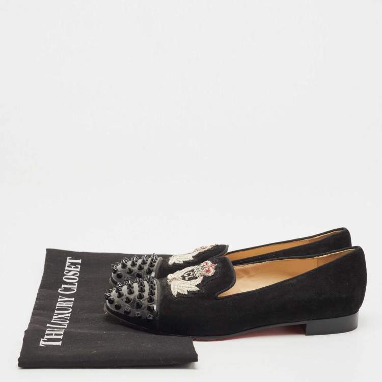 Pre Owned Christian Louboutin Black Suede Harvanana Spiked Smoking Slippers Size 36.5