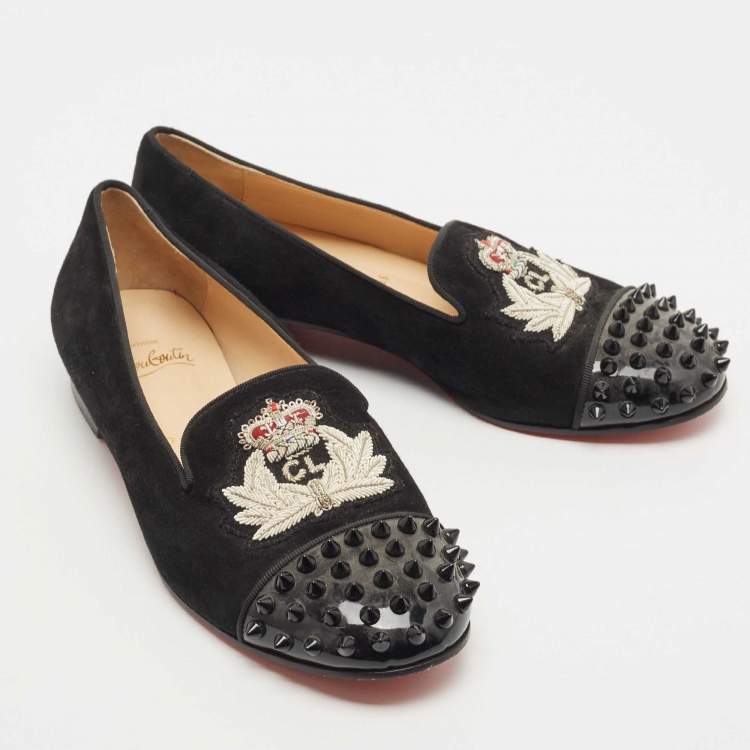 Pre Owned Christian Louboutin Black Suede Harvanana Spiked Smoking Slippers Size 36.5