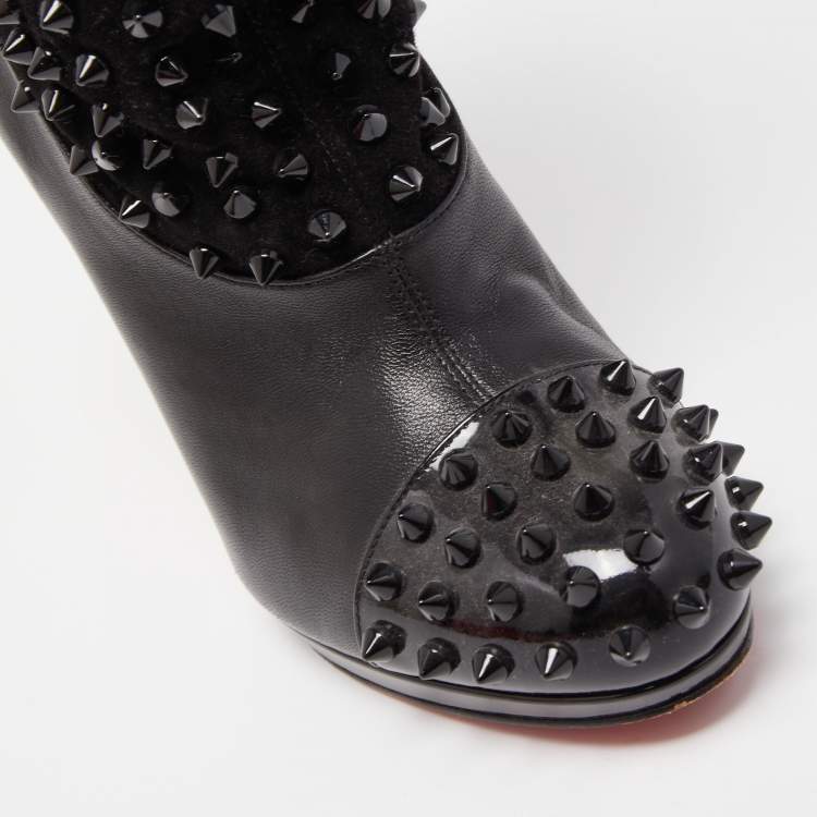 Pre Owned Christian Louboutin Black Patent Leather and Suede Spike Wars Ankle Boots Size 36