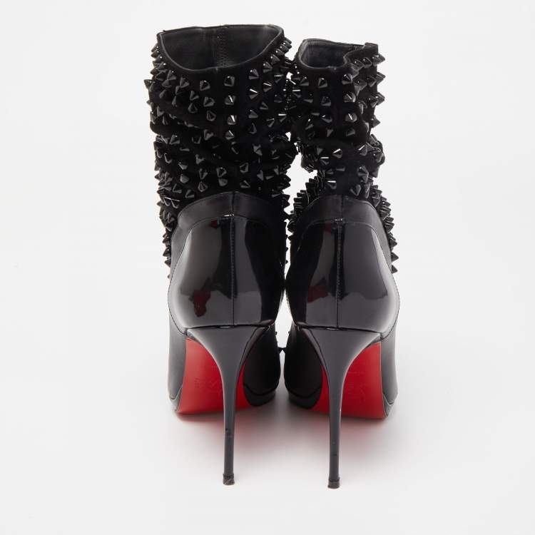 Pre Owned Christian Louboutin Black Patent Leather and Suede Spike Wars Ankle Boots Size 36