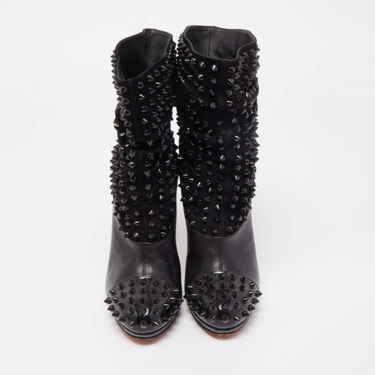 Pre Owned Christian Louboutin Black Patent Leather and Suede Spike Wars Ankle Boots Size 36