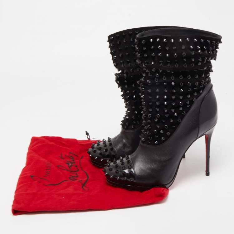 Pre Owned Christian Louboutin Black Patent Leather and Suede Spike Wars Ankle Boots Size 36