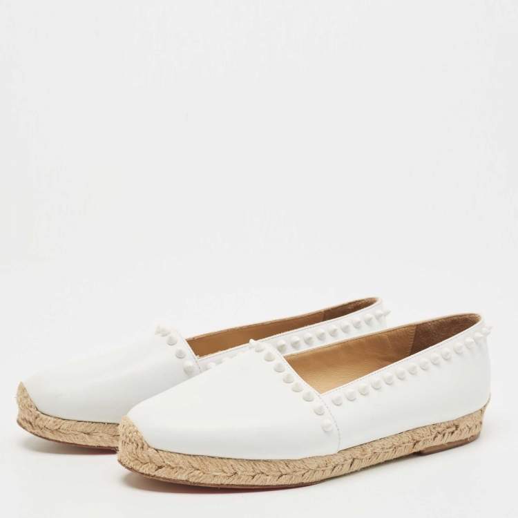 Pre Owned Christian Louboutin White Leather Melides Spike Trim Espadrille Flats Size 36 