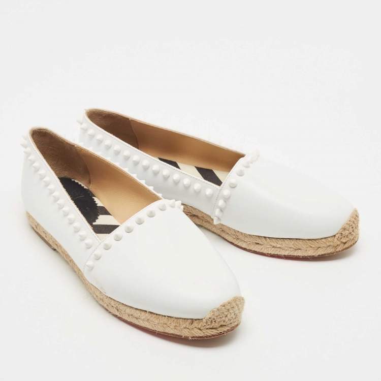 Pre Owned Christian Louboutin White Leather Melides Spike Trim Espadrille Flats Size 36 