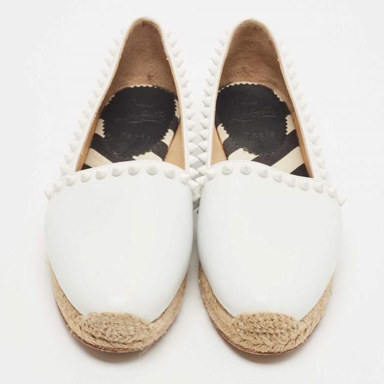 Pre Owned Christian Louboutin White Leather Melides Spike Trim Espadrille Flats Size 36 