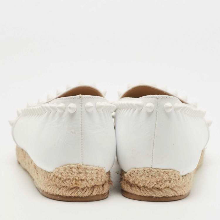 Pre Owned Christian Louboutin White Leather Melides Spike Trim Espadrille Flats Size 36 