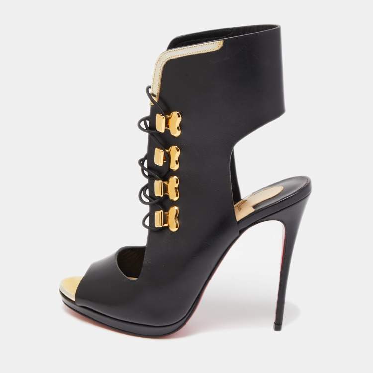 Pre Owned Christian Louboutin Black Leather Lace Up Peep Toe Boots Size 36