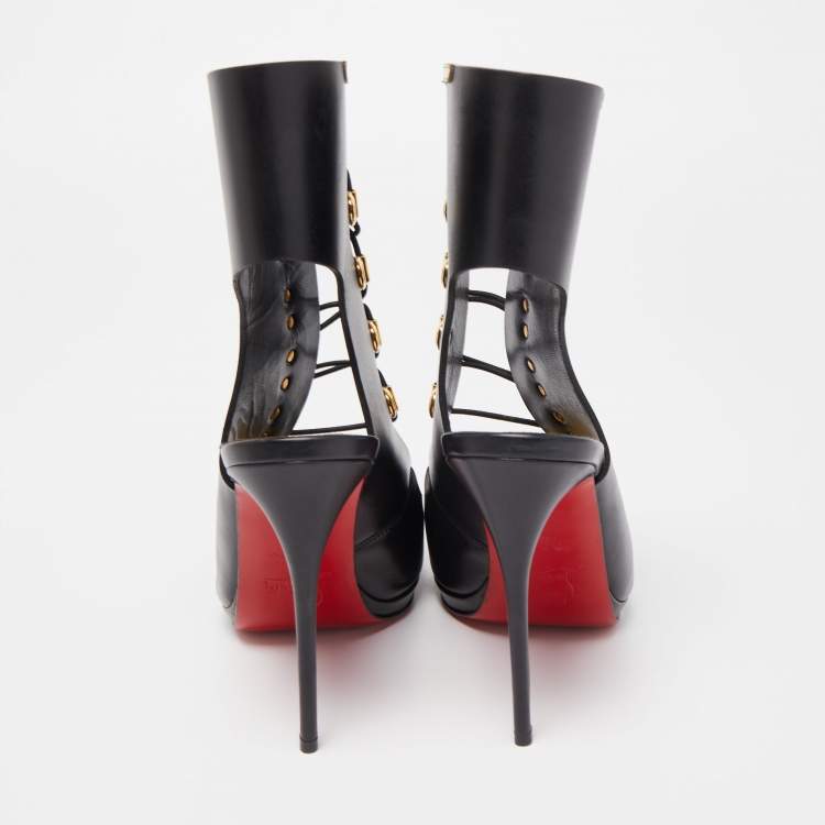 Pre Owned Christian Louboutin Black Leather Lace Up Peep Toe Boots Size 36