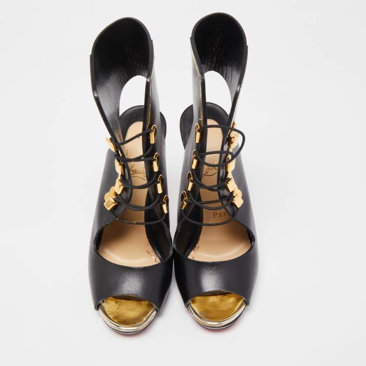 Pre Owned Christian Louboutin Black Leather Lace Up Peep Toe Boots Size 36