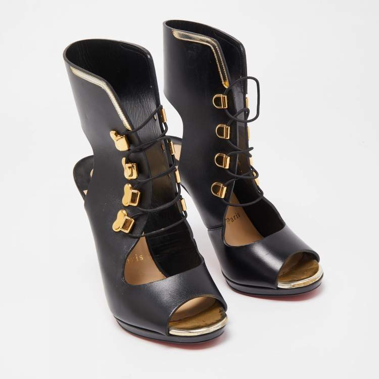 Pre Owned Christian Louboutin Black Leather Lace Up Peep Toe Boots Size 36