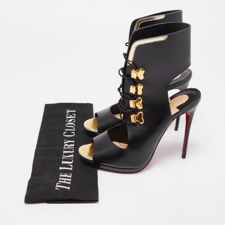 Pre Owned Christian Louboutin Black Leather Lace Up Peep Toe Boots Size 36