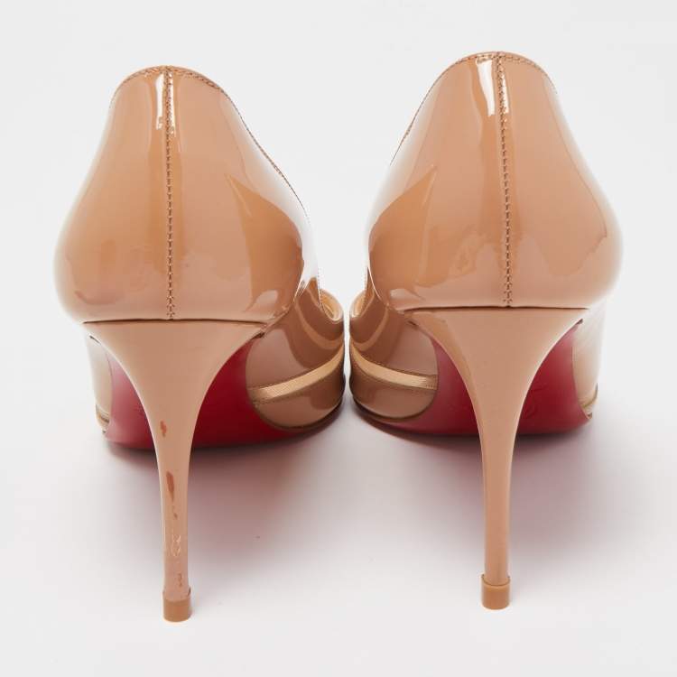 Pre Owned Christian Louboutin Beige Patent Leather and Mesh Pumps Size 36