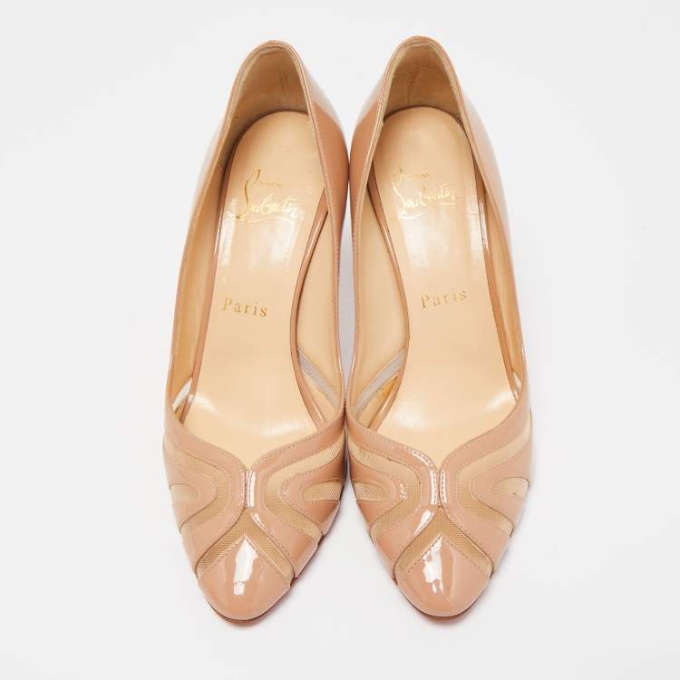 Pre Owned Christian Louboutin Beige Patent Leather and Mesh Pumps Size 36