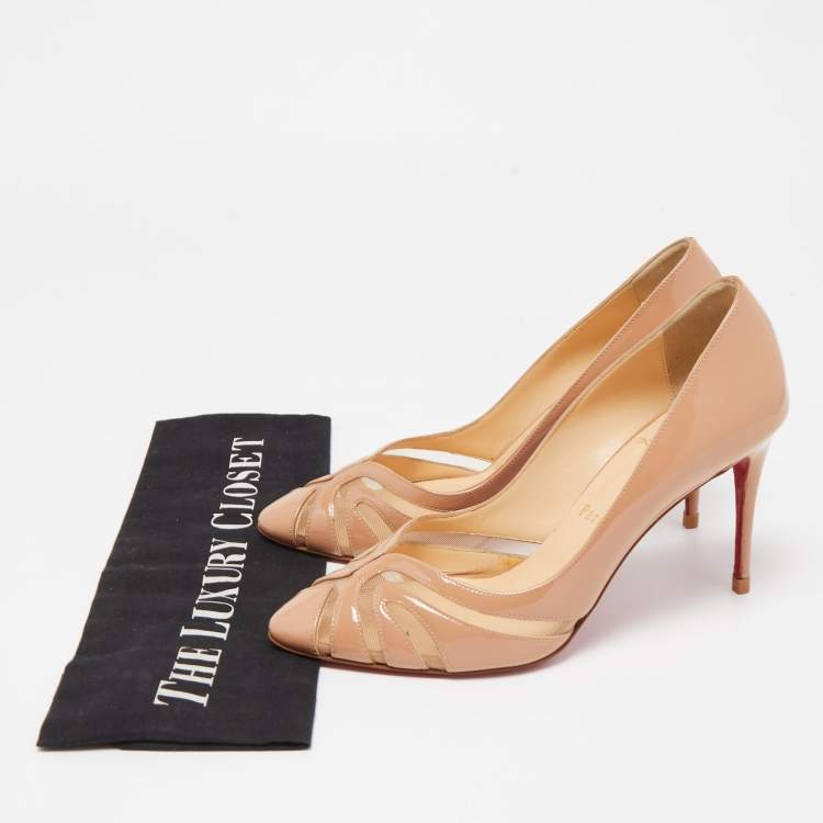 Pre Owned Christian Louboutin Beige Patent Leather and Mesh Pumps Size 36