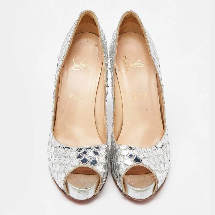 Pre Owned Christian Louboutin Silver Scaled Leather Poseidon Pumps Size 39