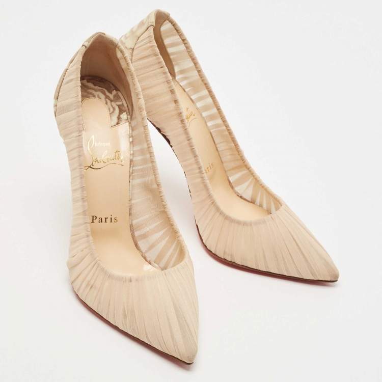 Pre Owned Christian Louboutin Beige Pleated Silk Crepe Pointed Toe Pumps Size 39
