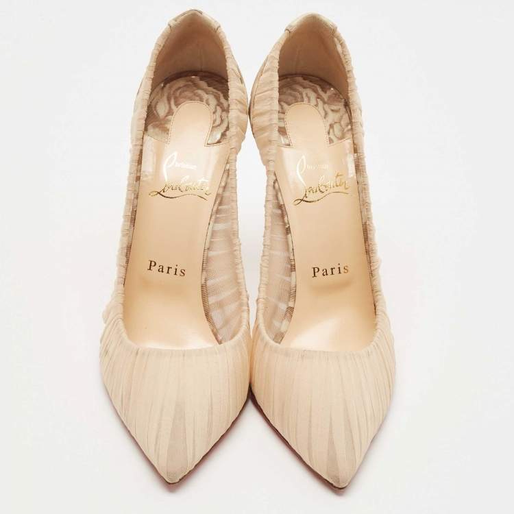 Pre Owned Christian Louboutin Beige Pleated Silk Crepe Pointed Toe Pumps Size 39