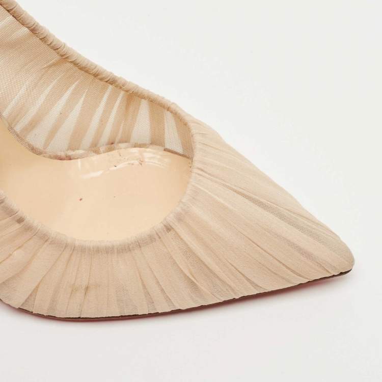 Pre Owned Christian Louboutin Beige Pleated Silk Crepe Pointed Toe Pumps Size 39