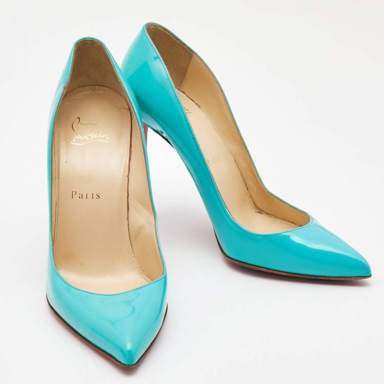 Pre Owned Christian Louboutin Turquoise Patent Leather Pigalle Follies Pumps Size 37.5