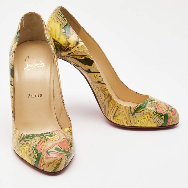 Pre Owned Christian Louboutin Multicolor Marble Print Patent Leather Fifi Pumps Size 38