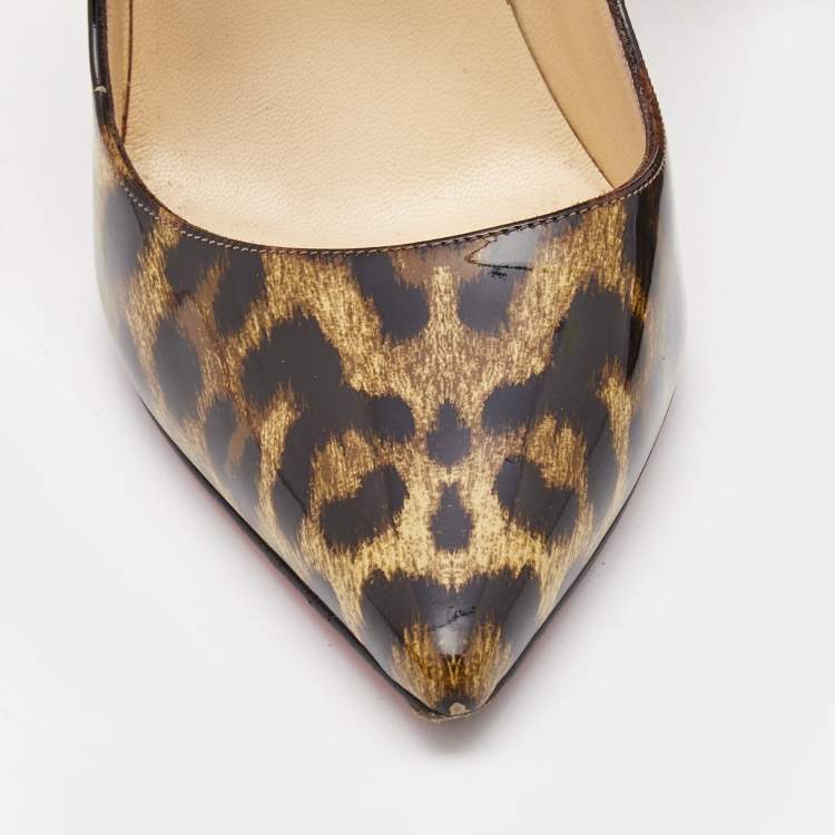 Pre Owned Christian Louboutin Brown/Beige Leopard Print Patent Leather So Kate Pumps Size 38