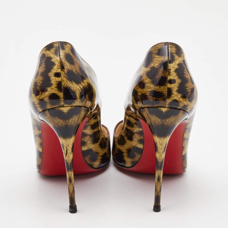 Pre Owned Christian Louboutin Brown/Beige Leopard Print Patent Leather So Kate Pumps Size 38