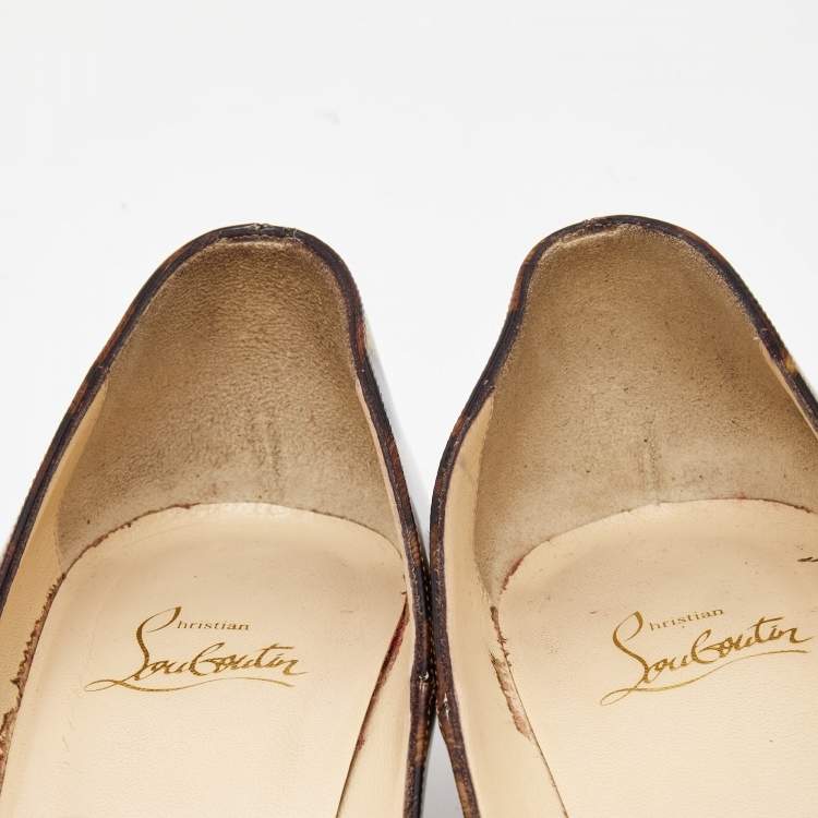 Pre Owned Christian Louboutin Brown/Beige Leopard Print Patent Leather So Kate Pumps Size 38