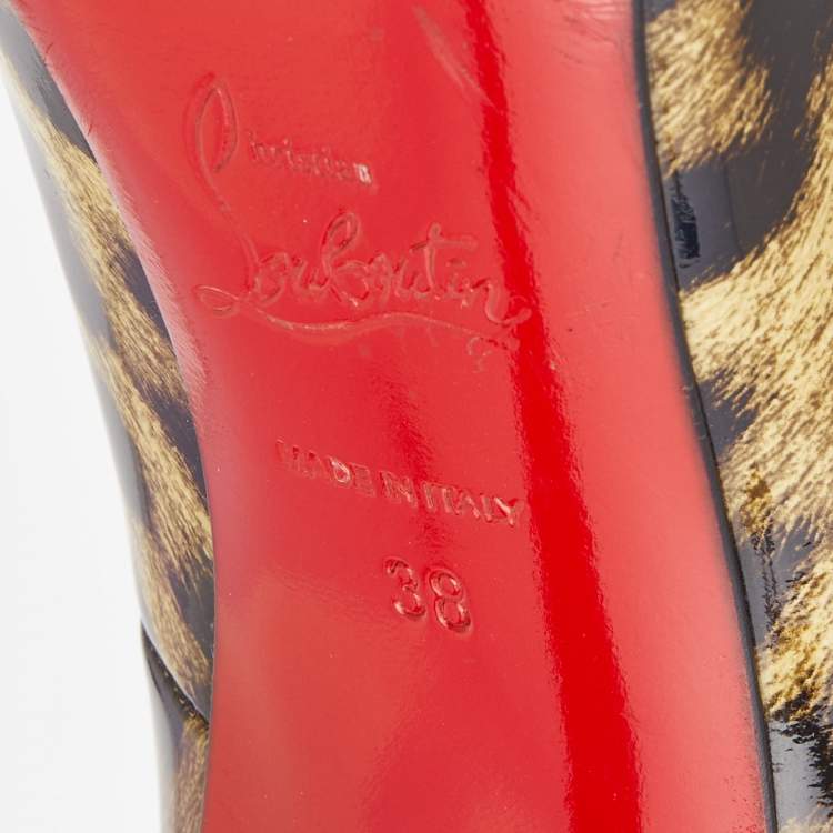 Pre Owned Christian Louboutin Brown/Beige Leopard Print Patent Leather So Kate Pumps Size 38