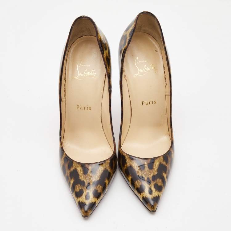 Pre Owned Christian Louboutin Brown/Beige Leopard Print Patent Leather So Kate Pumps Size 38