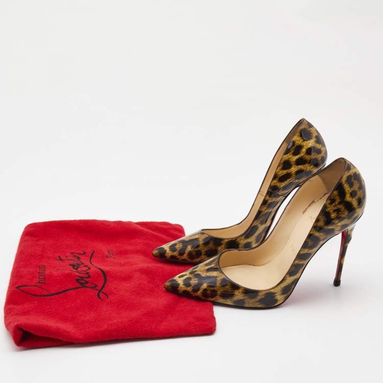 Pre Owned Christian Louboutin Brown/Beige Leopard Print Patent Leather So Kate Pumps Size 38