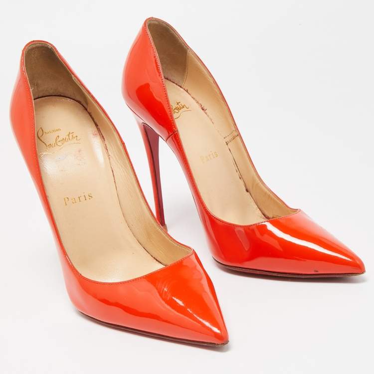 Pre Owned Christian Louboutin Orange Patent Leather So Kate Pumps Size 38