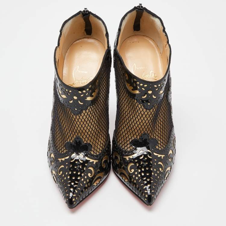 Pre Owned Christian Louboutin Black/Gold Laser Cut Patent Leather Mandolina Booties Size 35