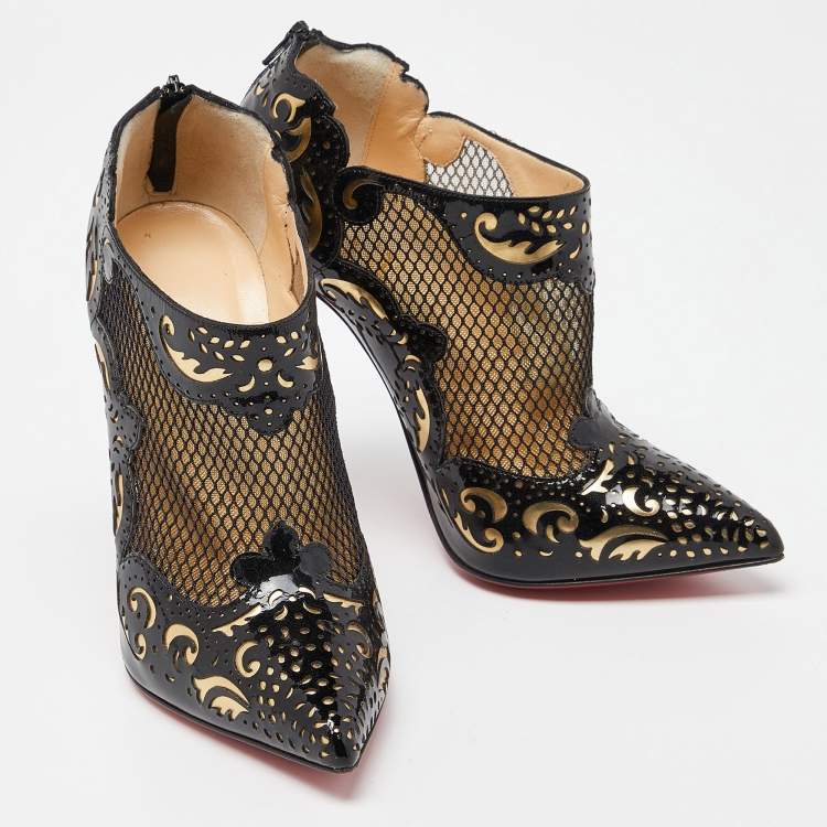 Pre Owned Christian Louboutin Black/Gold Laser Cut Patent Leather Mandolina Booties Size 35
