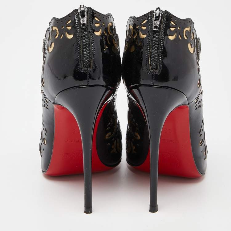 Pre Owned Christian Louboutin Black/Gold Laser Cut Patent Leather Mandolina Booties Size 35