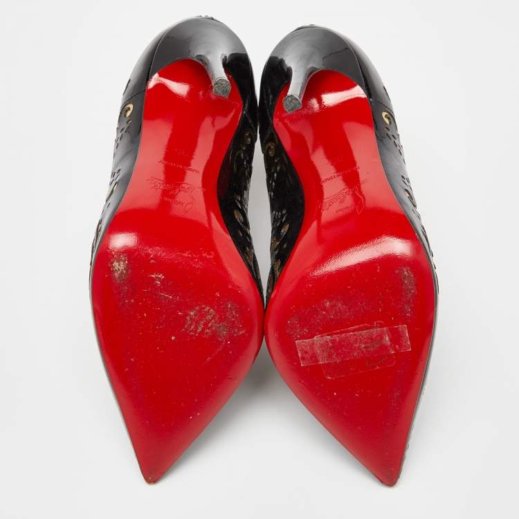 Pre Owned Christian Louboutin Black/Gold Laser Cut Patent Leather Mandolina Booties Size 35