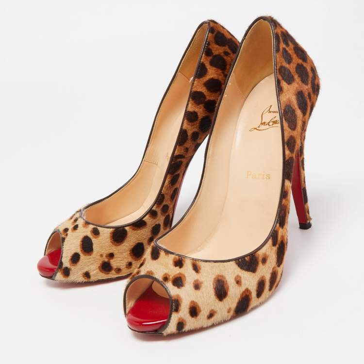 Christian Louboutin Brown Calf Hair Leopard Print Lady Peep Pumps