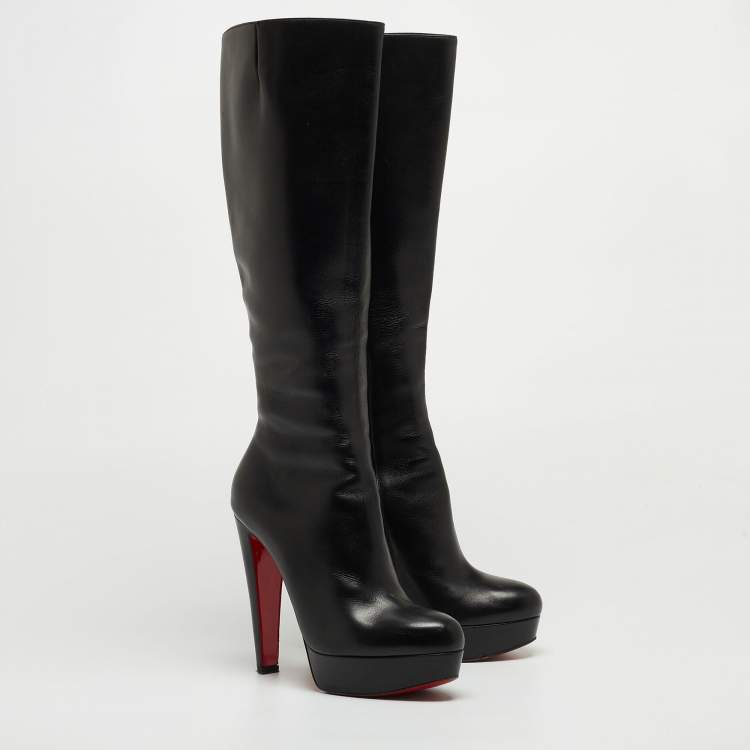 Pre Owned Christian Louboutin Black Leather Bianca Platform Knee Length Boots Size 39.5