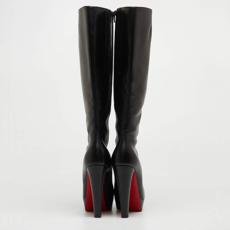 Pre Owned Christian Louboutin Black Leather Bianca Platform Knee Length Boots Size 39.5