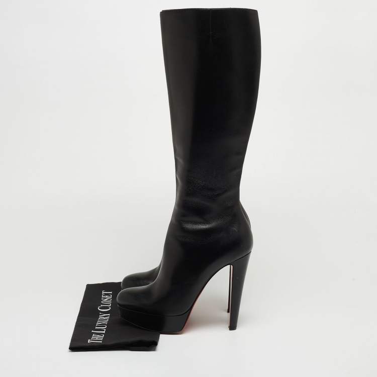 Pre Owned Christian Louboutin Black Leather Bianca Platform Knee Length Boots Size 39.5