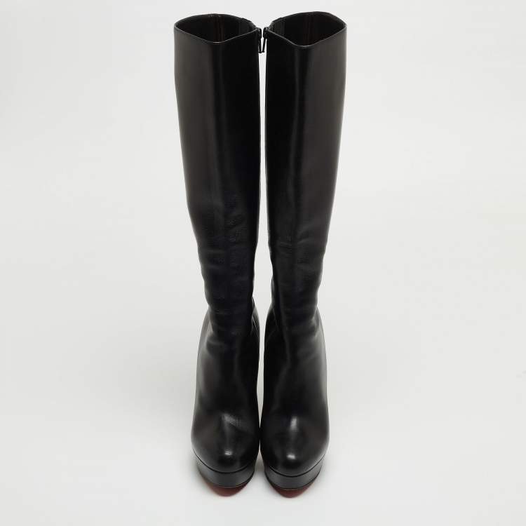 Pre Owned Christian Louboutin Black Leather Bianca Platform Knee Length Boots Size 39.5