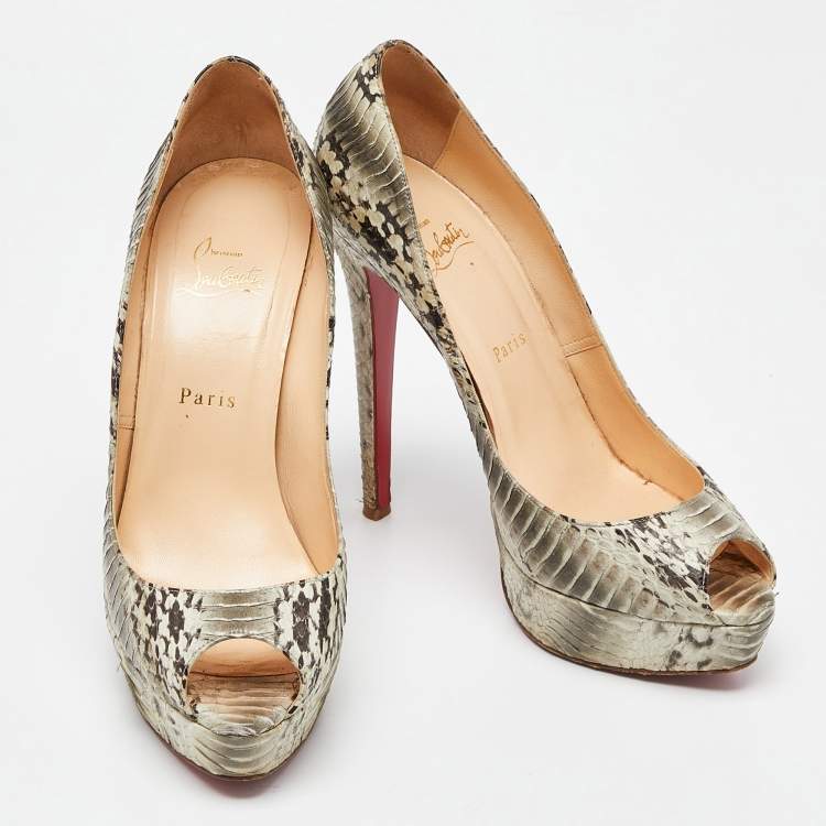 Pre Owned Christian Louboutin Grey Watersnake Leather Lady Peep Pumps Size 40