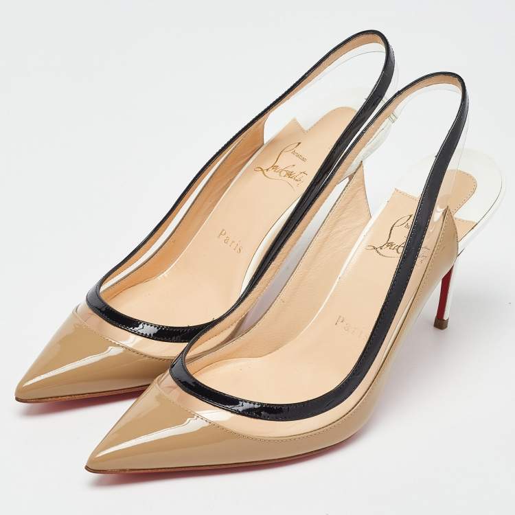 Pre Owned Christian Louboutin Tricolor Patent Leather and PVC Paulina Slingback Pumps Size 37.5